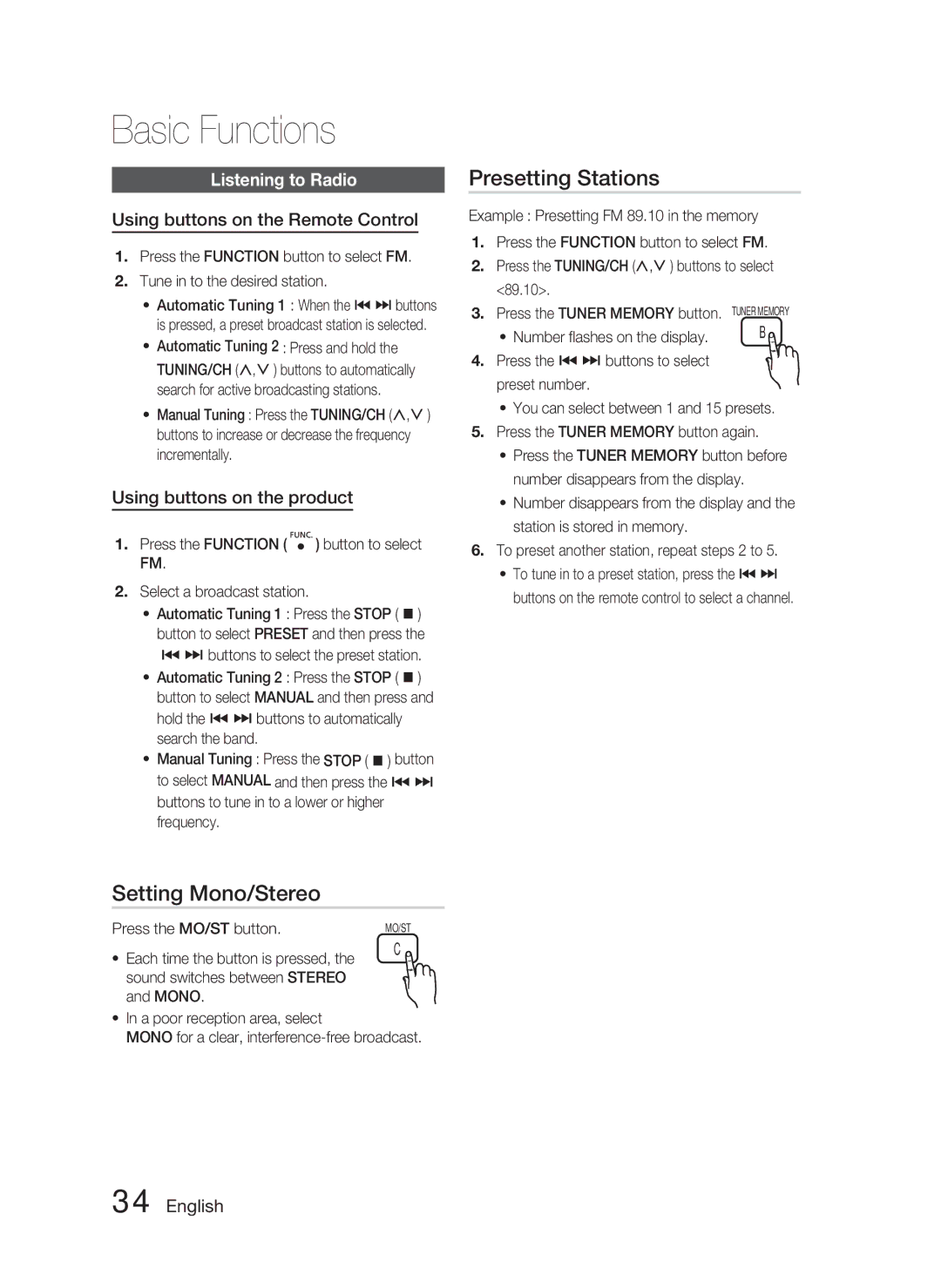 Samsung HT-C450N/XEN Setting Mono/Stereo, Presetting Stations, Listening to Radio, Using buttons on the Remote Control 