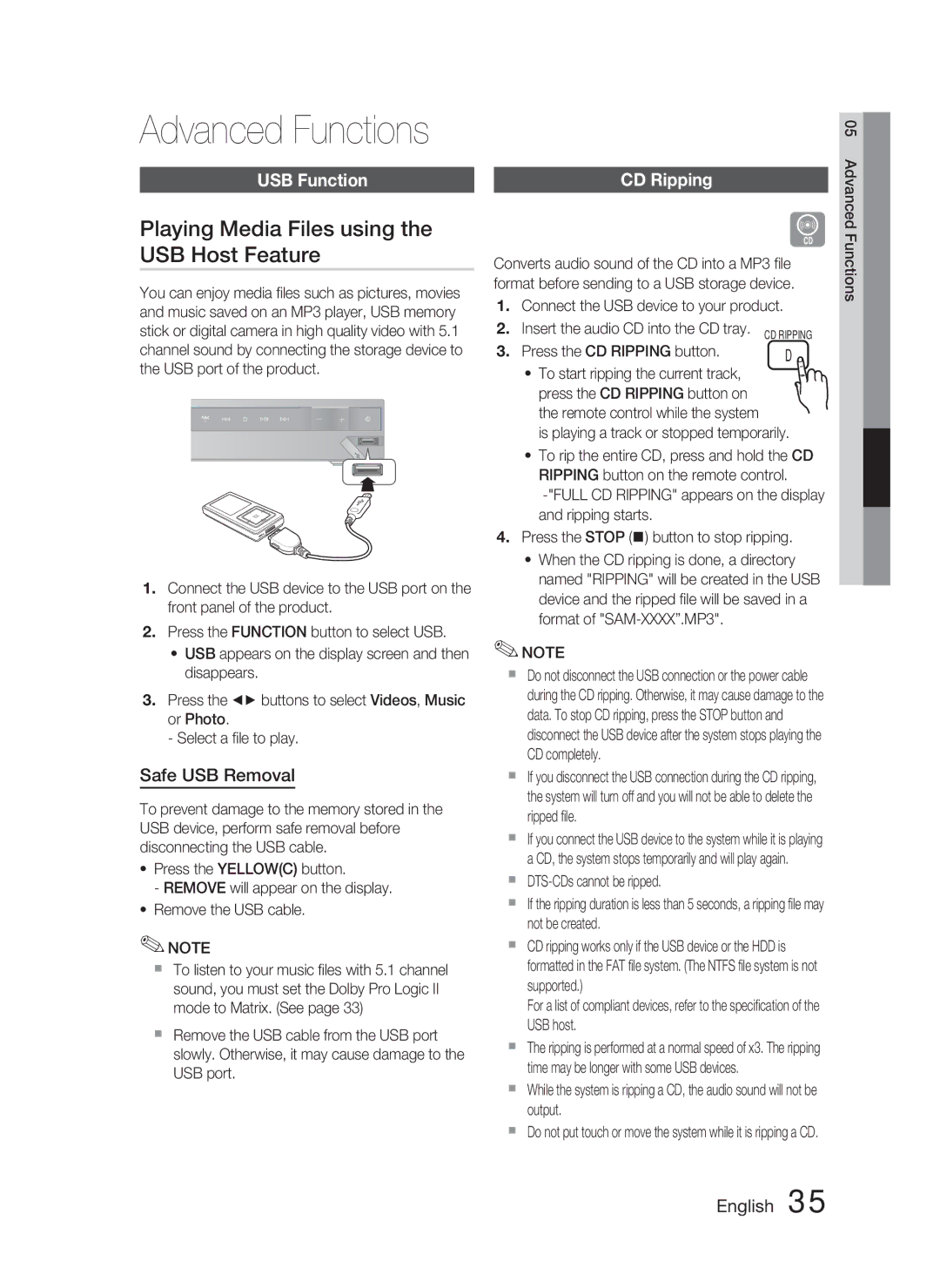 Samsung HT-C453/XEF manual Playing Media Files using the USB Host Feature, USB Function, Safe USB Removal, CD Ripping 