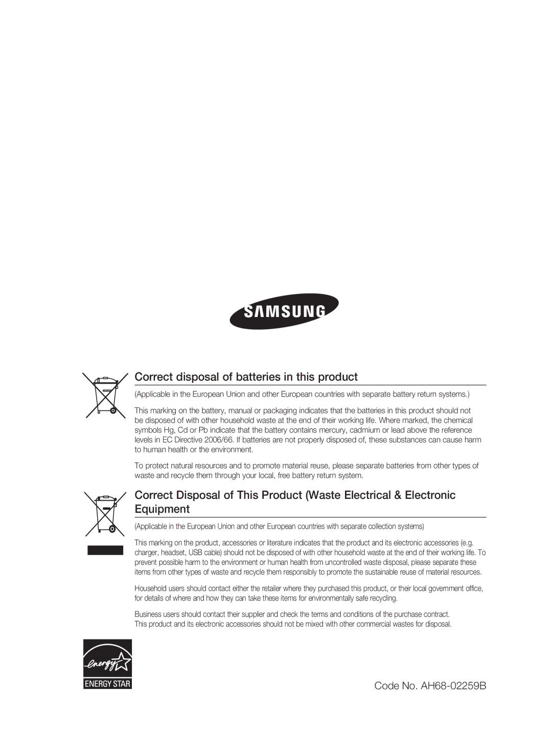 Samsung HT-C450N/XEE, HT-C450/XEN, HT-C450N/XEN manual Correct disposal of batteries in this product, Code No. AH68-02259B 