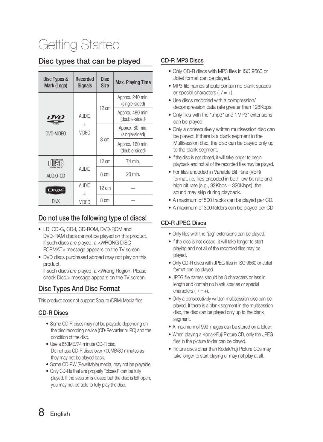 Samsung HT-C450N/XEE, HT-C450/XEN Disc types that can be played, Disc Types And Disc Format, CD-R Discs, CD-R MP3 Discs 