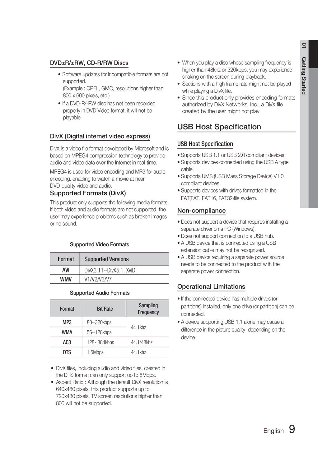 Samsung HT-C453/XEE, HT-C450/XEN, HT-C450N/XEN, HT-C453/XEF, HT-C450/EDC, HT-C450/XEF, HT-C450N/XEF manual USB Host Speciﬁcation 