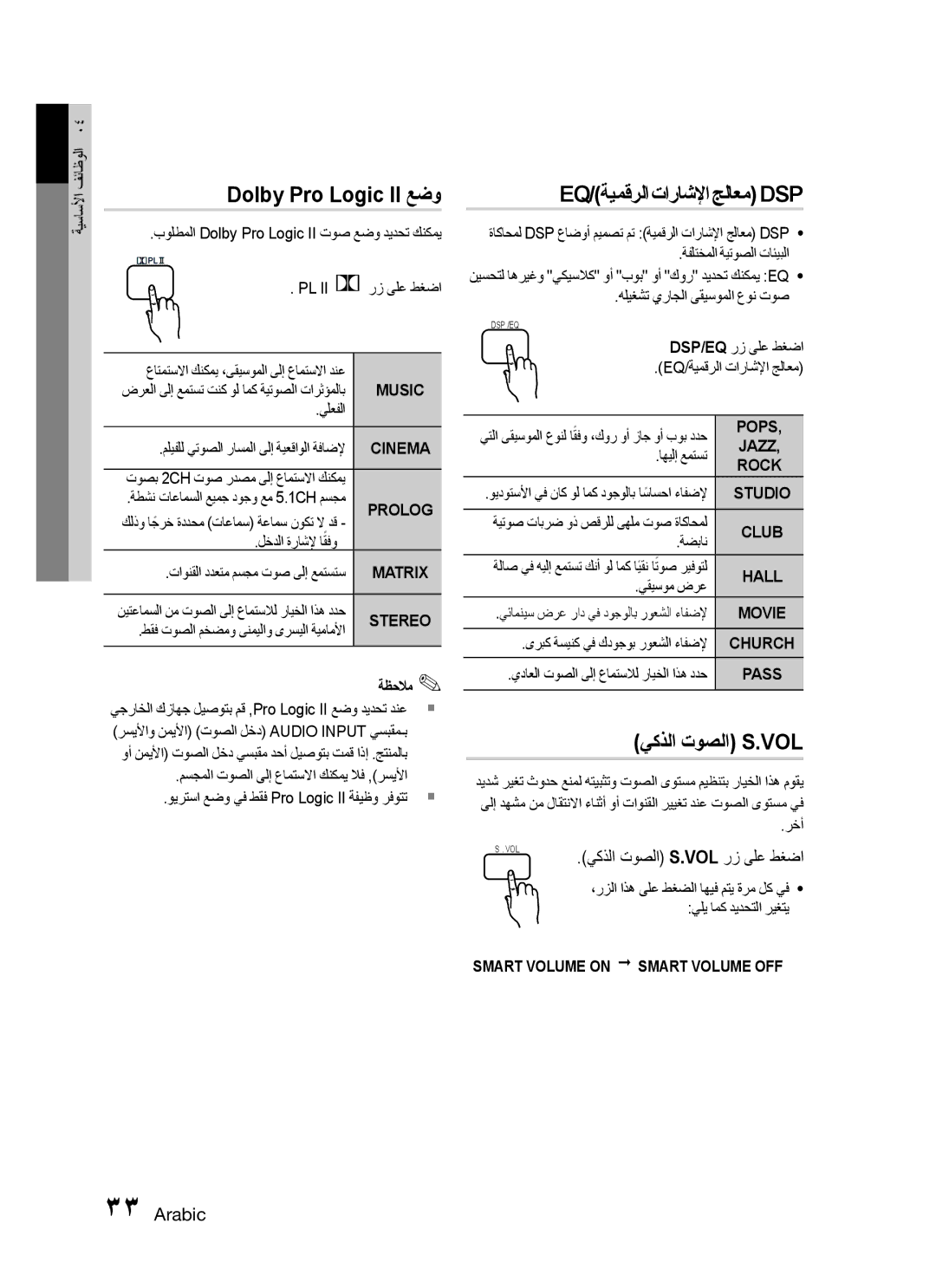 Samsung HT-C455N/HAC, HT-C453N/MEA, HT-C455N/MEA Dolby Pro Logic II عضو, Eq/ةيمقرلا تاراشلإا جلاعم Dsp, يكذلا توصلا S.Vol 