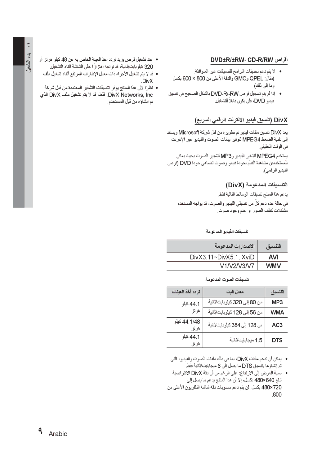 Samsung HT-C455N/AFR manual Dvd±R/±Rw، Cd-R/Rw صارقأ, عيرسلا يمقرلا تنرتنلإا ويديف قيسنت DivX, DivX ةموعدملا تاقيسنتلا 