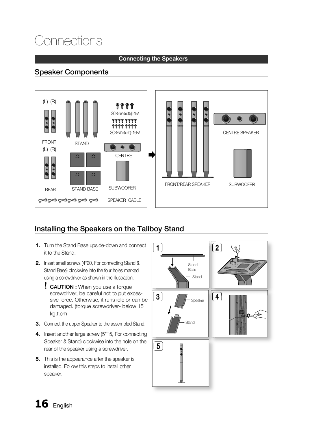 Samsung HT-C453N/UMG Speaker Components, Installing the Speakers on the Tallboy Stand, Screw 5x15 4EA Screw 4x20 16EA 