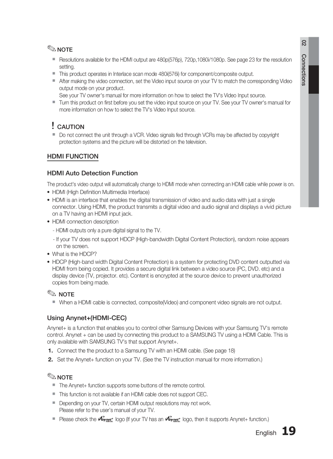 Samsung HT-C453N/AFR, HT-C453N/MEA, HT-C455N/MEA, HT-C445N/MEA manual Hdmi Auto Detection Function, Using Anynet+HDMI-CEC 