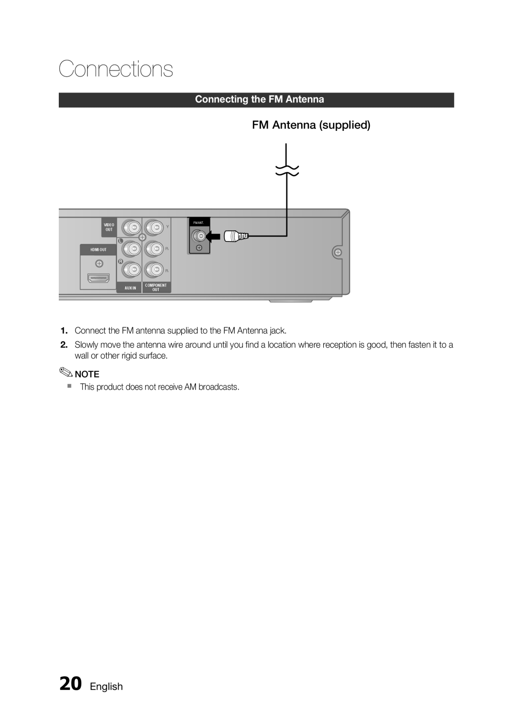 Samsung HT-C455N/AFR, HT-C453N/MEA, HT-C455N/MEA, HT-C445N/MEA FM Antenna supplied, Connecting the fm Antenna, 0 English 