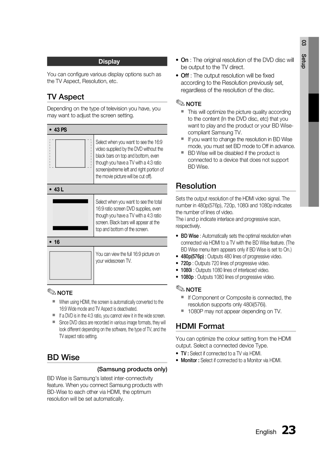 Samsung HT-C455N/MEA, HT-C453N/MEA, HT-C445N/MEA, HT-C455N/HAC manual TV Aspect, BD Wise, Resolution, Hdmi Format, Display 