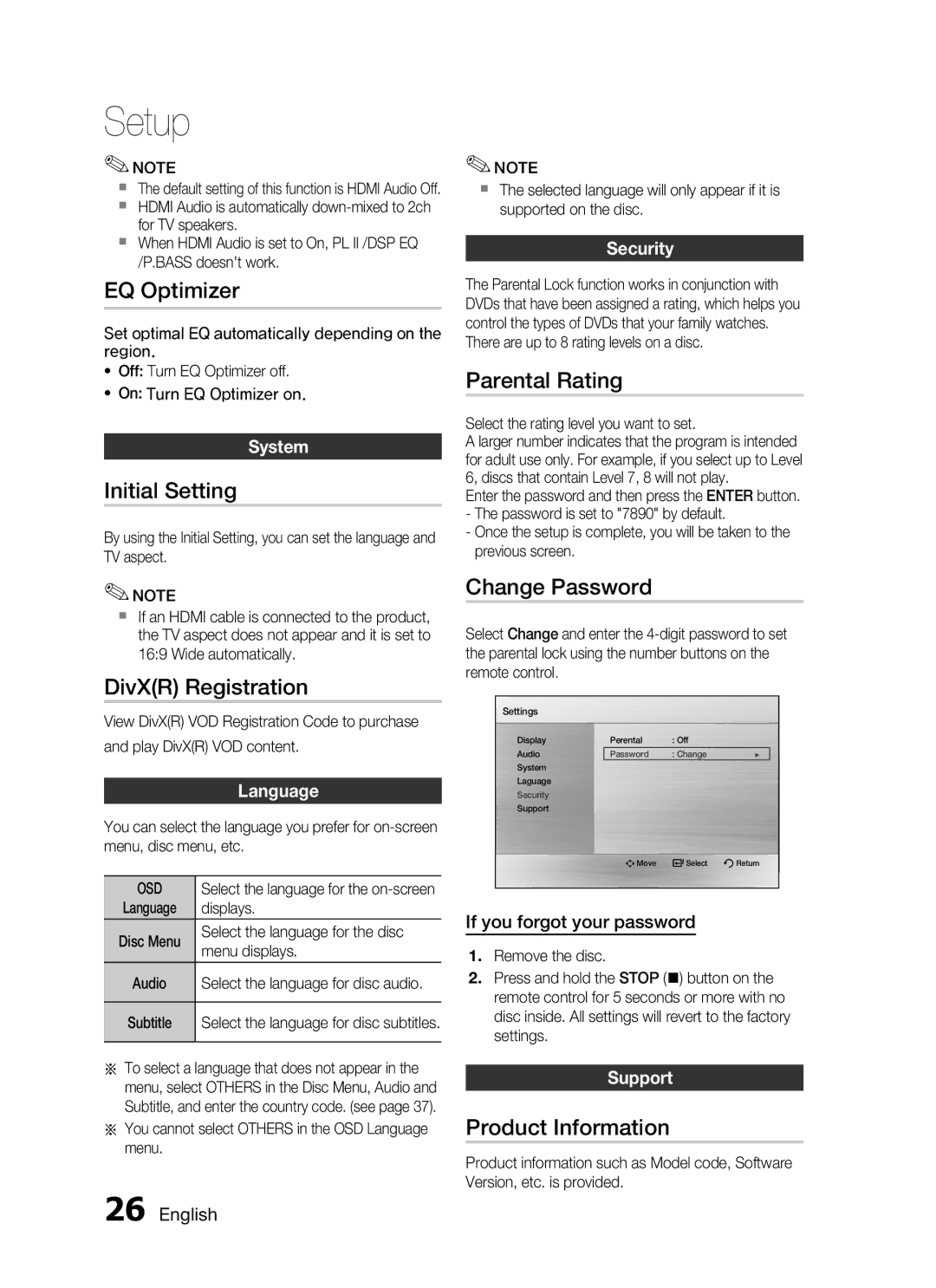 Samsung HT-C455N/UMG, HT-C453N/MEA EQ Optimizer, Initial Setting, DivXR Registration, Parental Rating, Change Password 