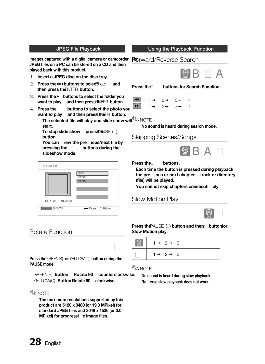 Samsung HT-C455N/KE, HT-C453N/MEA manual Rotate Function, Forward/Reverse Search, Skipping Scenes/Songs, Slow Motion Play 