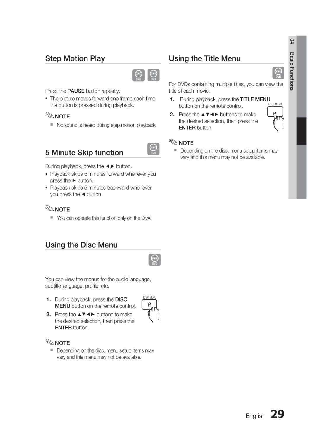 Samsung HT-C445N/HAC, HT-C453N/MEA manual Step Motion Play, Minute Skip function, Using the Title Menu, Using the Disc Menu 