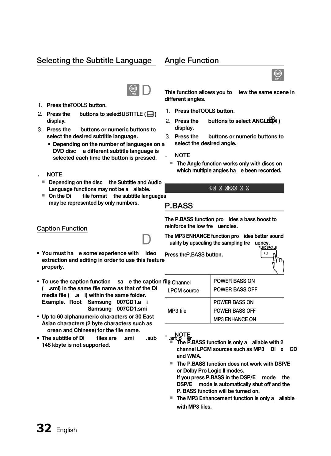 Samsung HT-C455N/SAM, HT-C453N/MEA manual Selecting the Subtitle Language, Angle Function, Caption Function, Sound Mode 