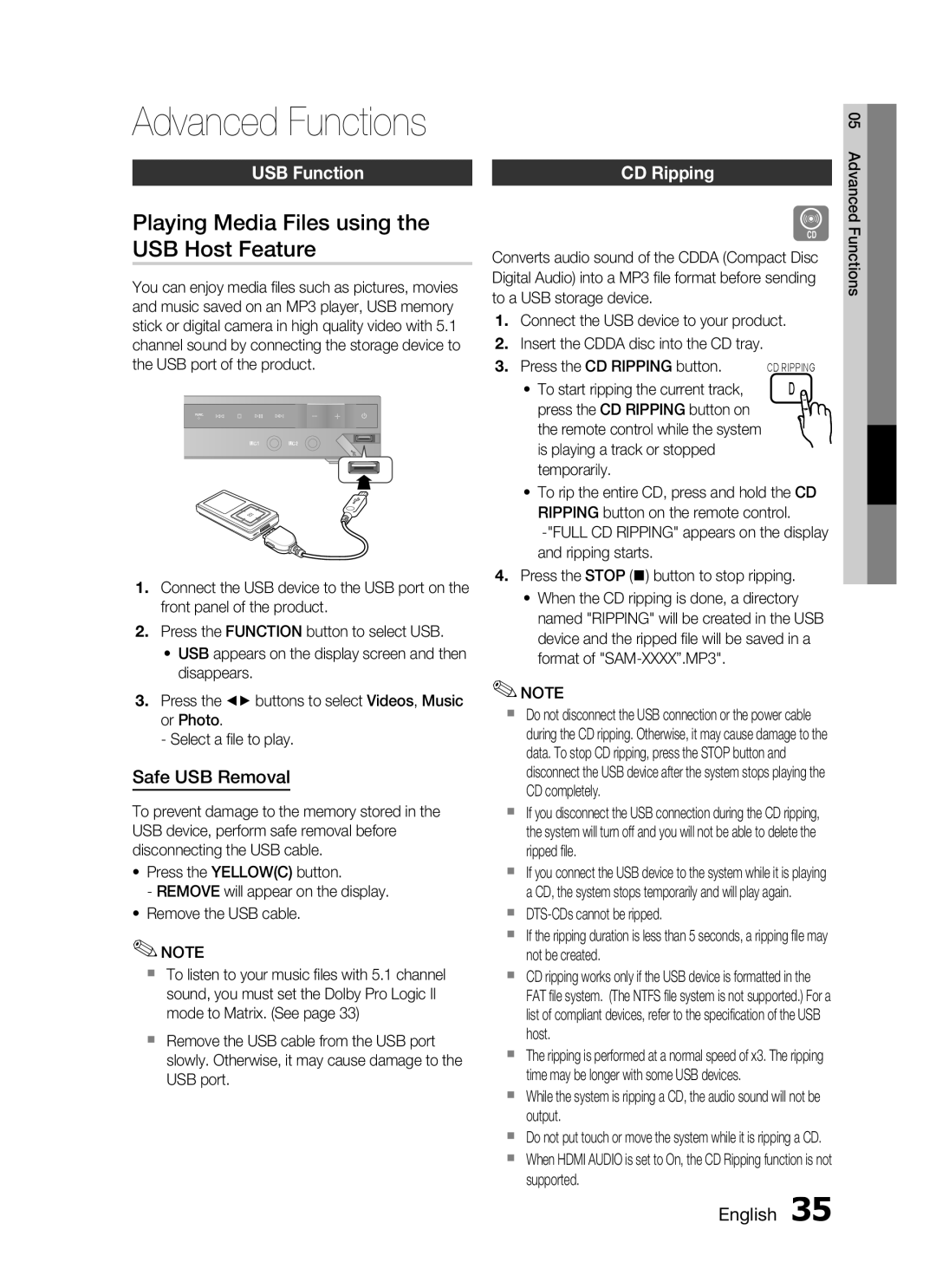 Samsung HT-C445N/MEA manual Playing Media Files using the USB Host Feature, USB function, Safe USB Removal, CD ripping 