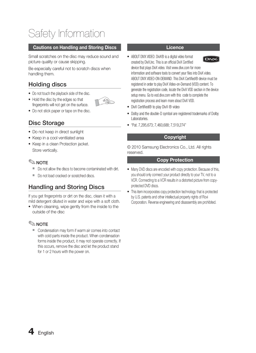 Samsung HT-C455N/UMG manual Holding discs, Disc Storage, Handling and Storing Discs, Licence, Copyright Copy Protection 