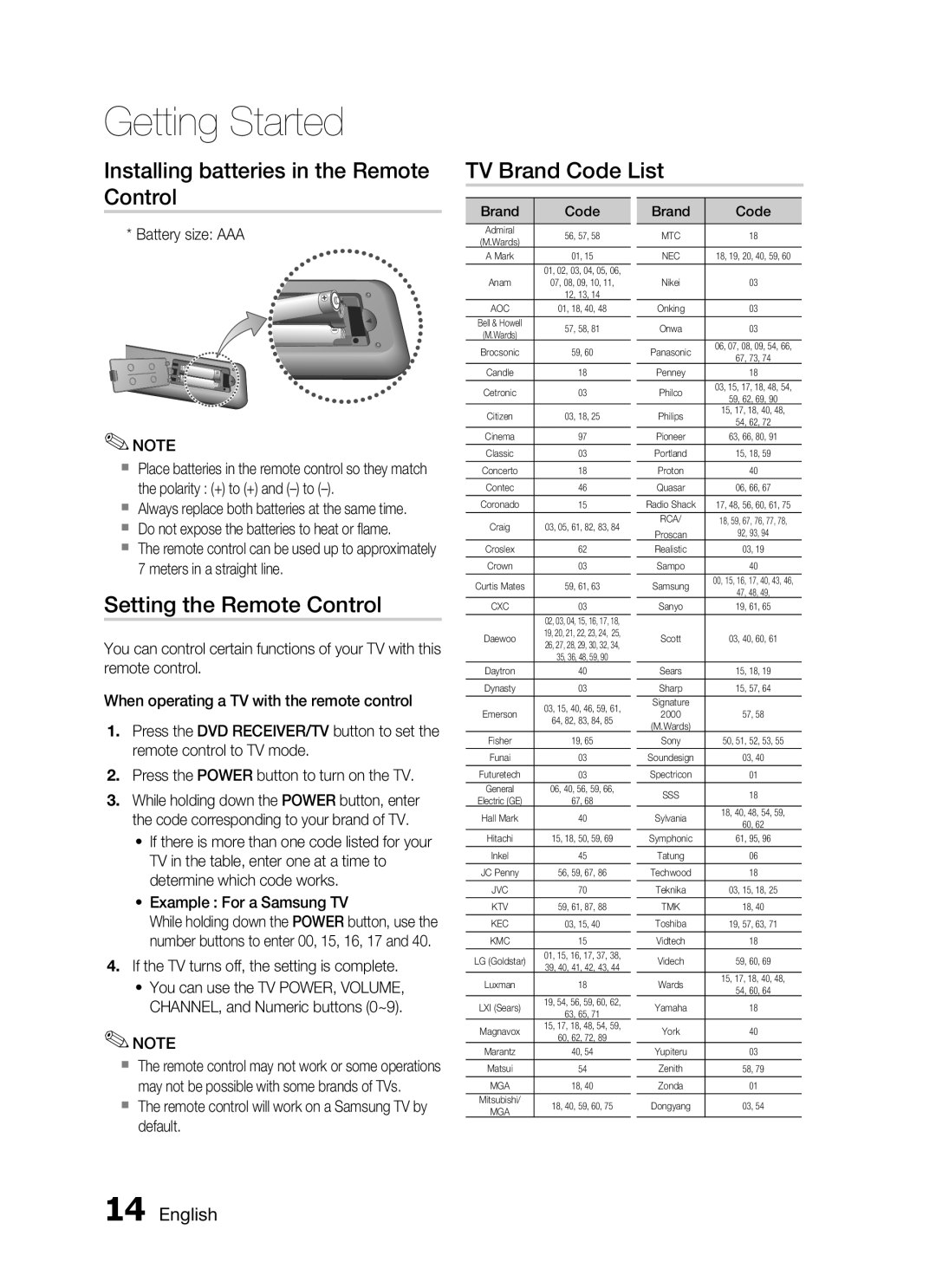 Samsung HT-C455N/HAC Installing batteries in the Remote Control, TV Brand Code List, Setting the Remote Control, English 