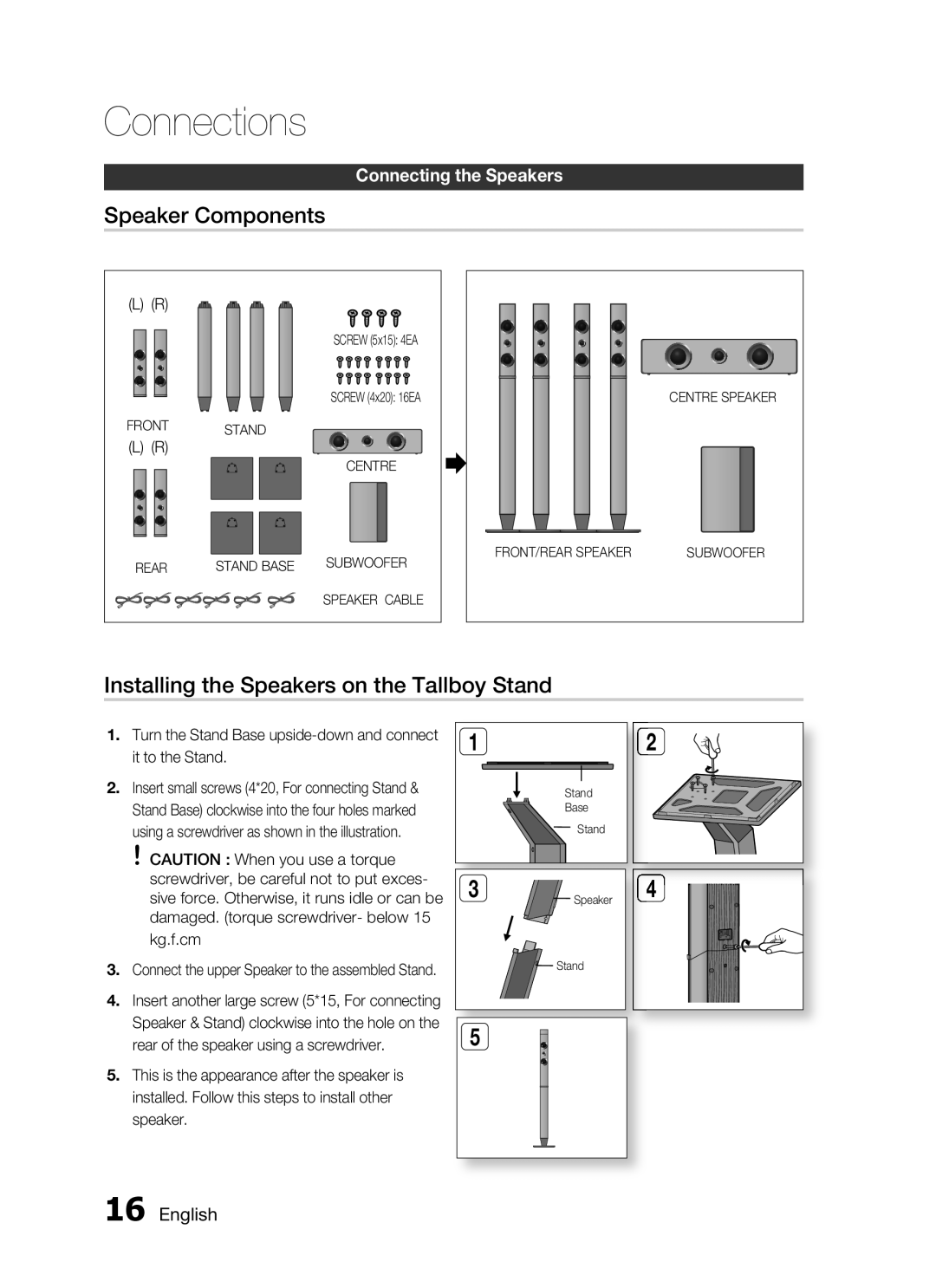 Samsung HT-C453N/UMG manual Speaker Components, Installing the Speakers on the Tallboy Stand, 1 English, Connections 