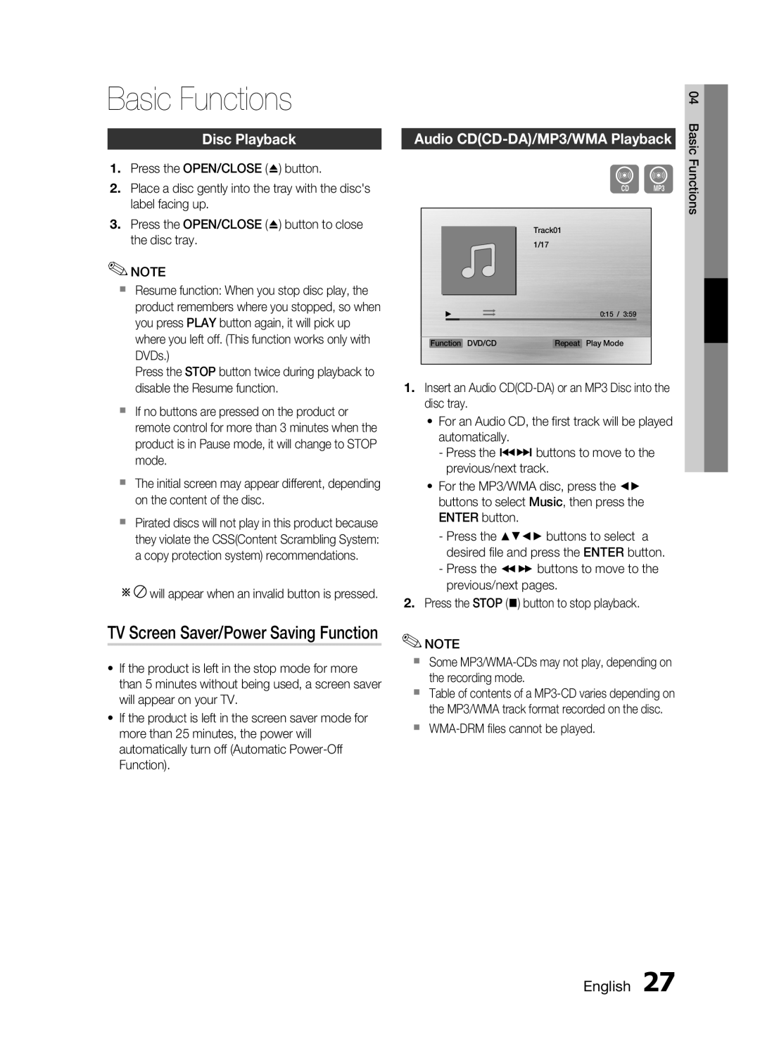 Samsung HT-C453N/UMG Basic Functions, TV Screen Saver/Power Saving Function, Disc Playback, Audio CDCD-DA/MP3/WMA Playback 