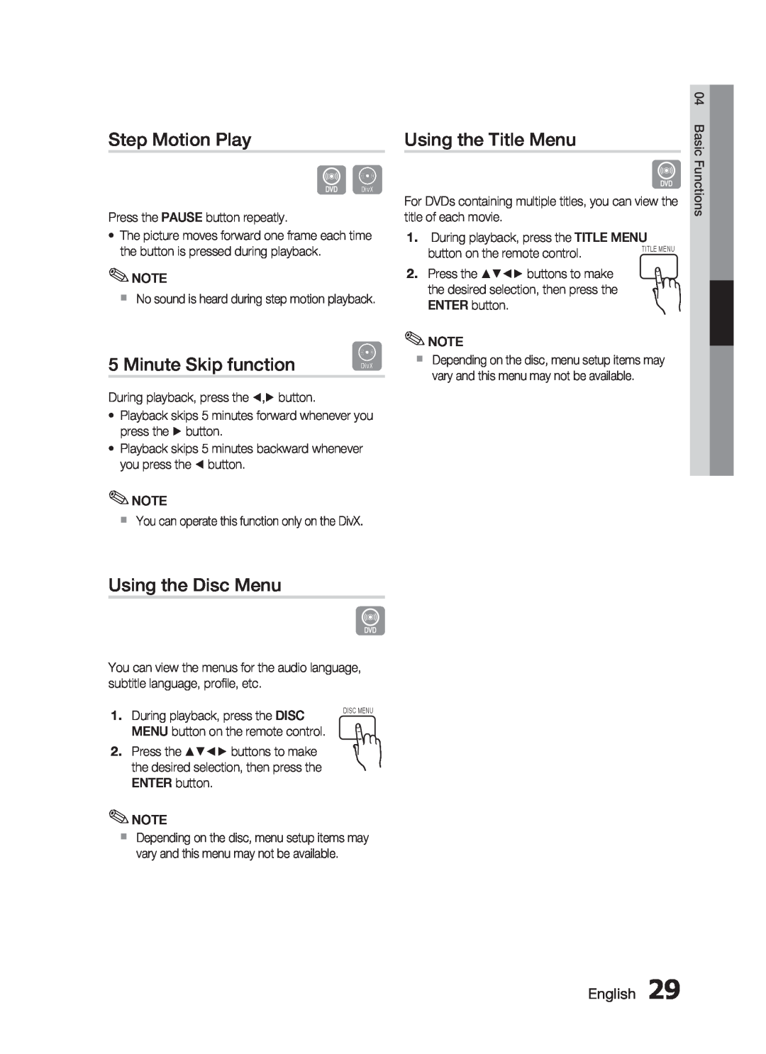 Samsung HT-C445N/HAC manual Step Motion Play, Minute Skip function, Using the Title Menu, Using the Disc Menu, English 