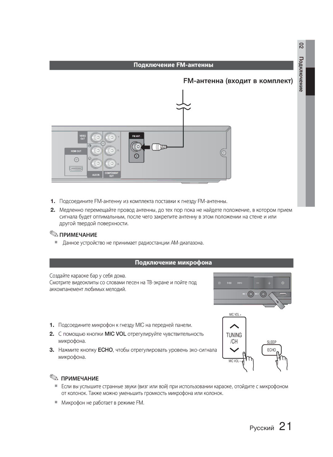 Samsung HT-C455N/XER, HT-C453N/XER FM-антенна входит в комплект, Подключение FM-антенны, Подключение микрофона, Tuning 