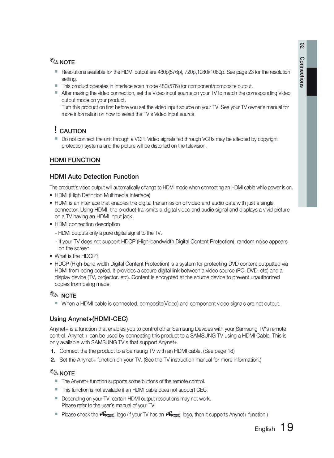 Samsung HT-C455N/XER, HT-C453N/XER manual Hdmi Auto Detection Function, Using Anynet+HDMI-CEC 