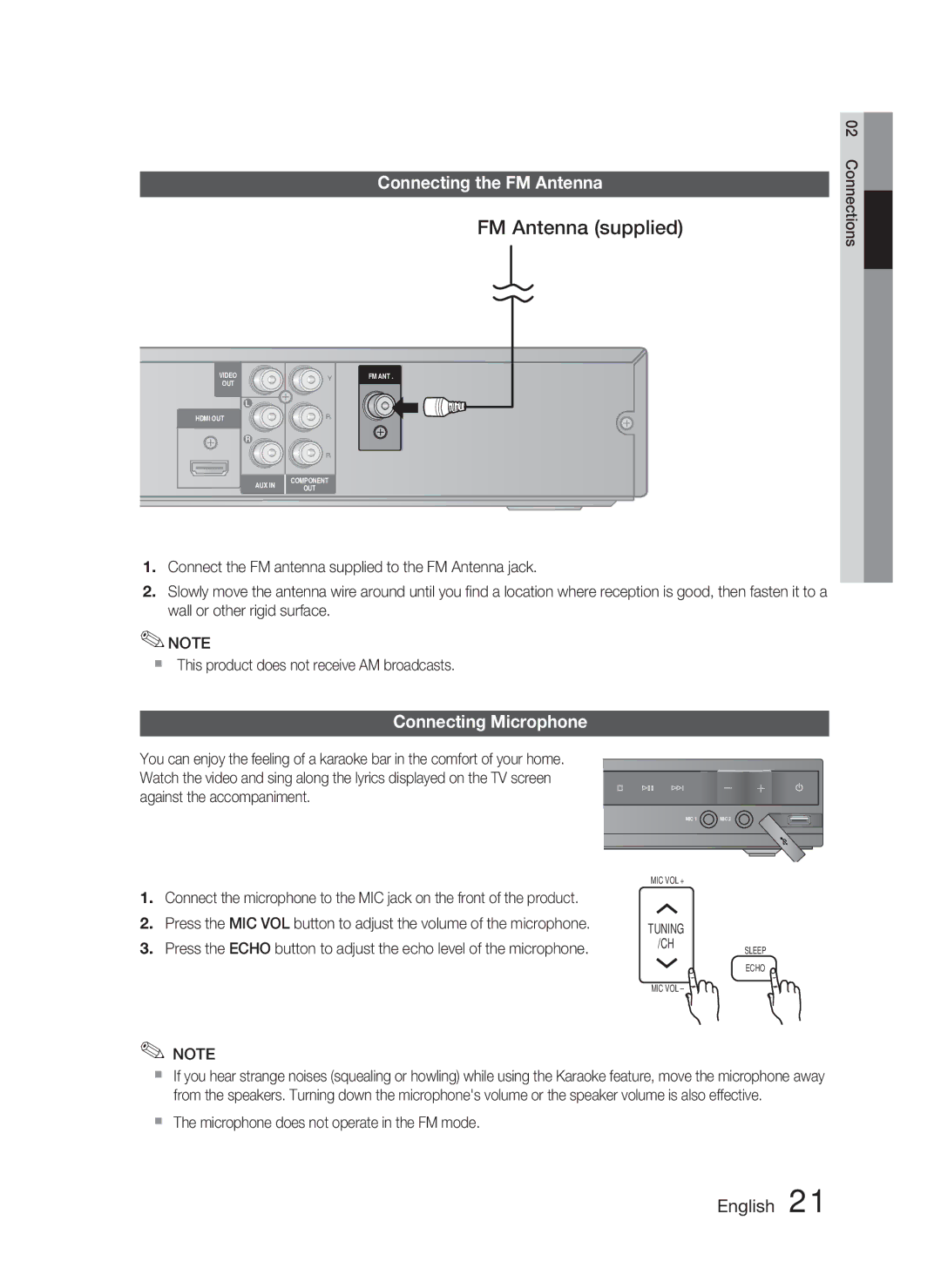 Samsung HT-C455N/XER, HT-C453N/XER manual FM Antenna supplied, Connecting the FM Antenna, Connecting Microphone 