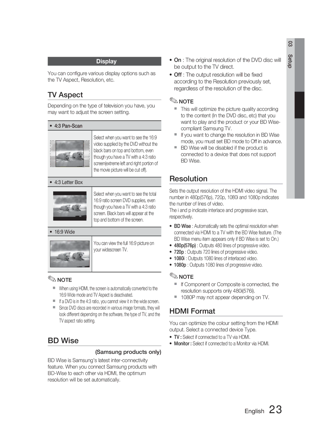 Samsung HT-C455N/XER, HT-C453N/XER manual TV Aspect, BD Wise, Resolution, Hdmi Format, Display 