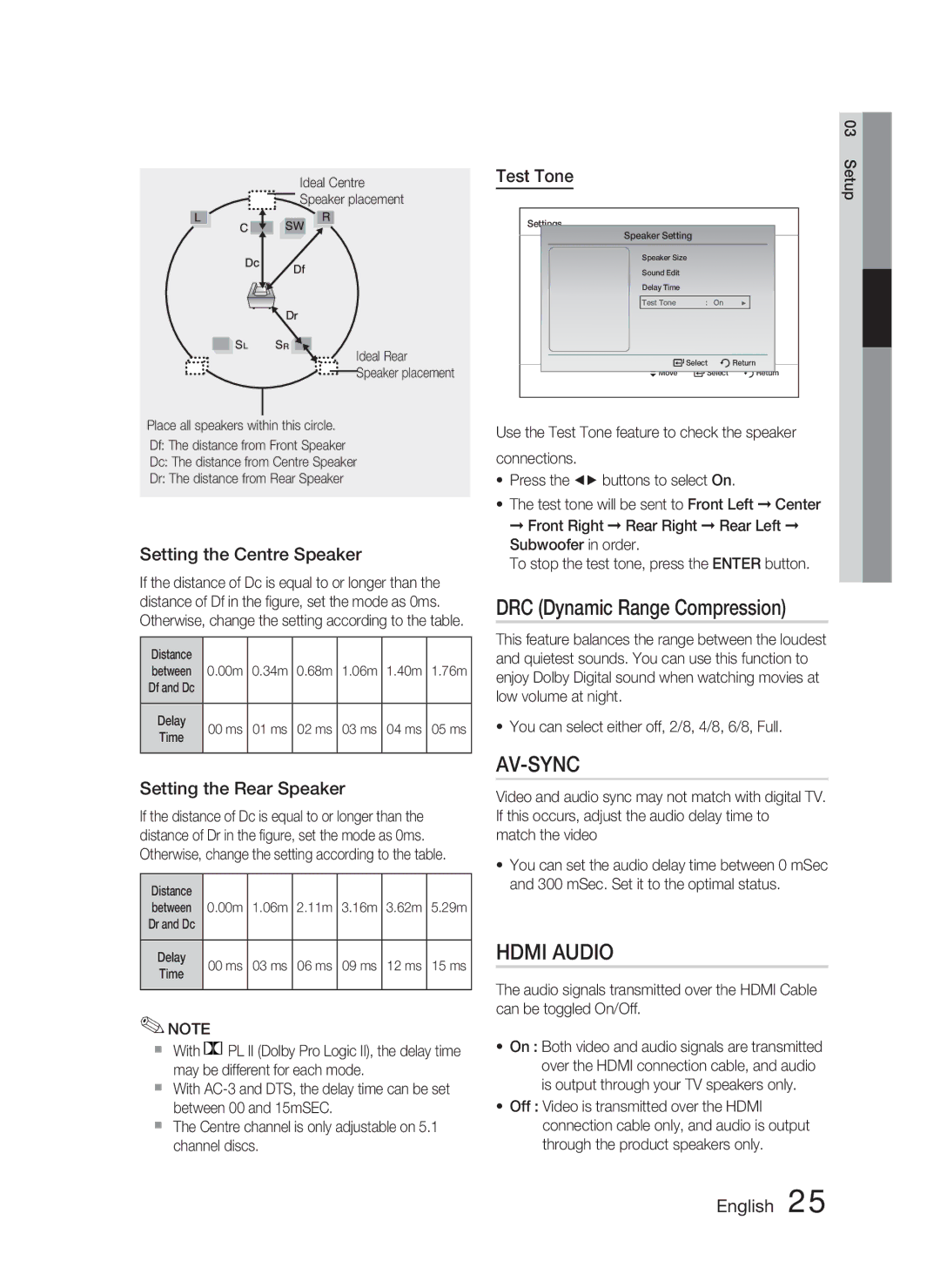 Samsung HT-C455N/XER, HT-C453N/XER DRC Dynamic Range Compression, Setting the Centre Speaker, Setting the Rear Speaker 