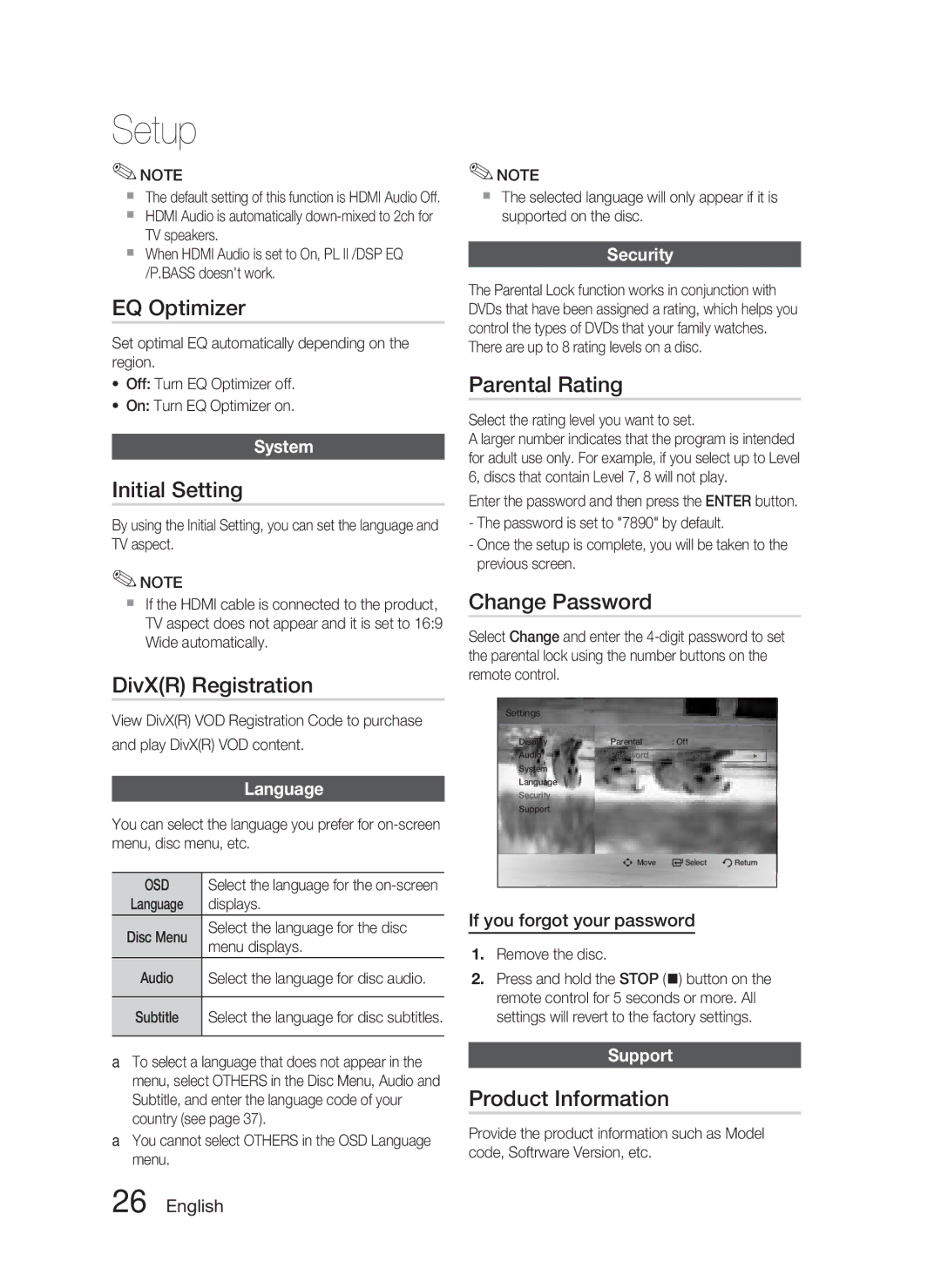 Samsung HT-C453N/XER, HT-C455N/XER EQ Optimizer, Initial Setting, DivXR Registration, Parental Rating, Change Password 