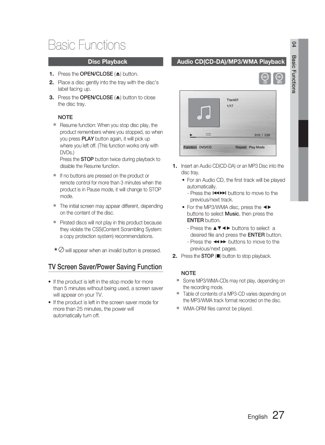 Samsung HT-C455N/XER Basic Functions, TV Screen Saver/Power Saving Function, Disc Playback, Audio CDCD-DA/MP3/WMA Playback 