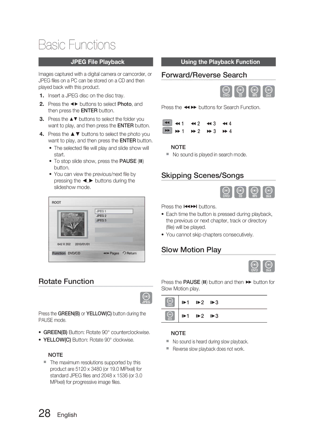 Samsung HT-C453N/XER, HT-C455N/XER manual Rotate Function, Forward/Reverse Search, Skipping Scenes/Songs, Slow Motion Play 