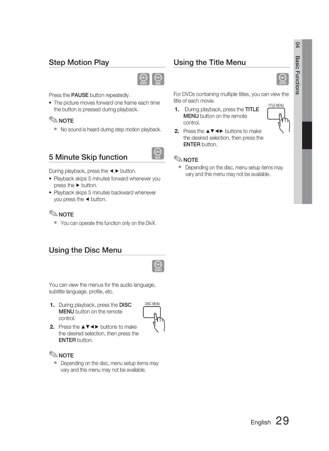 Samsung HT-C455N/XER, HT-C453N/XER manual Step Motion Play, Minute Skip function, Using the Title Menu, Using the Disc Menu 