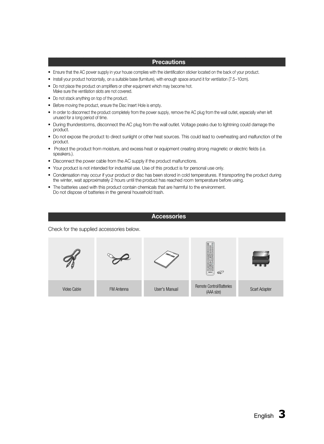 Samsung HT-C455N/XER, HT-C453N/XER manual Precautions, Accessories 