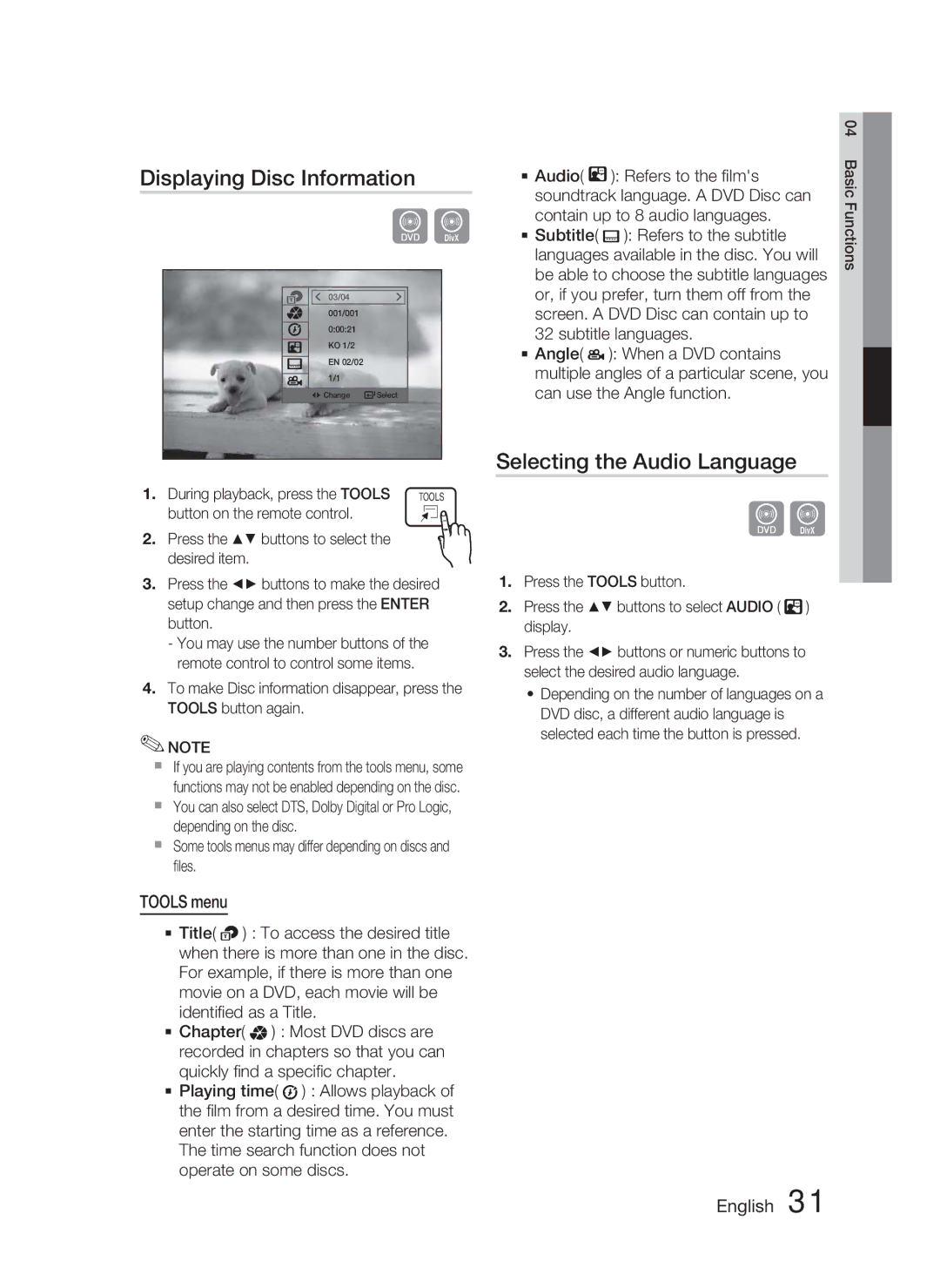 Samsung HT-C455N/XER, HT-C453N/XER manual Displaying Disc Information, Selecting the Audio Language, Tools menu 