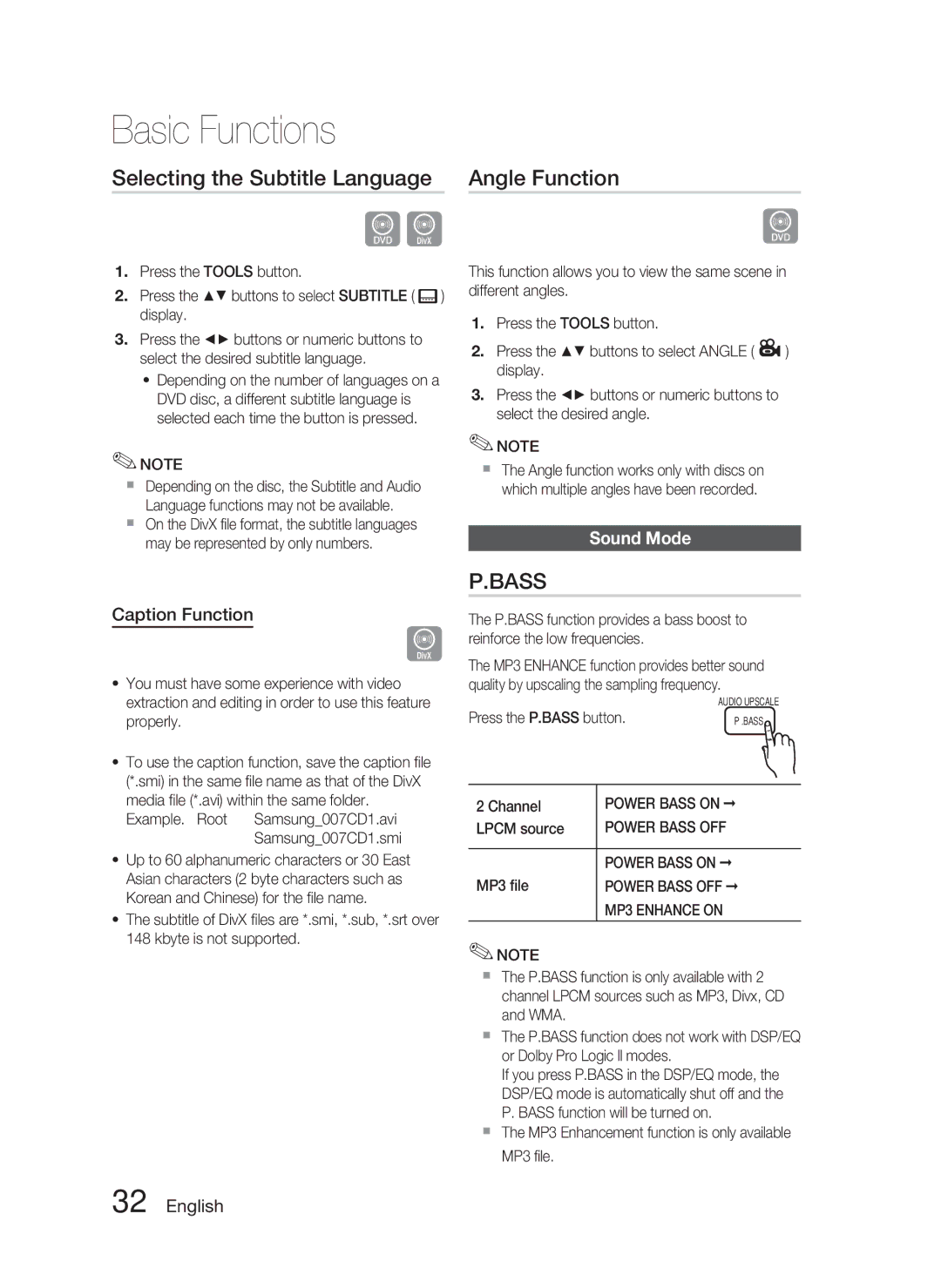 Samsung HT-C453N/XER, HT-C455N/XER manual Selecting the Subtitle Language, Angle Function, Sound Mode, Caption Function 