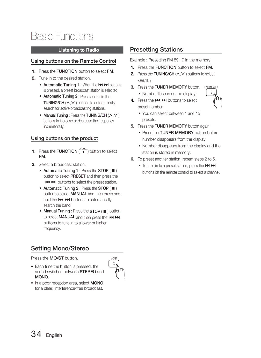 Samsung HT-C453N/XER Setting Mono/Stereo, Presetting Stations, Listening to Radio, Using buttons on the Remote Control 