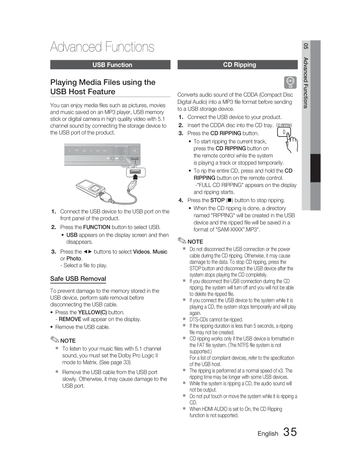 Samsung HT-C455N/XER manual Playing Media Files using the USB Host Feature, USB Function, Safe USB Removal, CD Ripping 