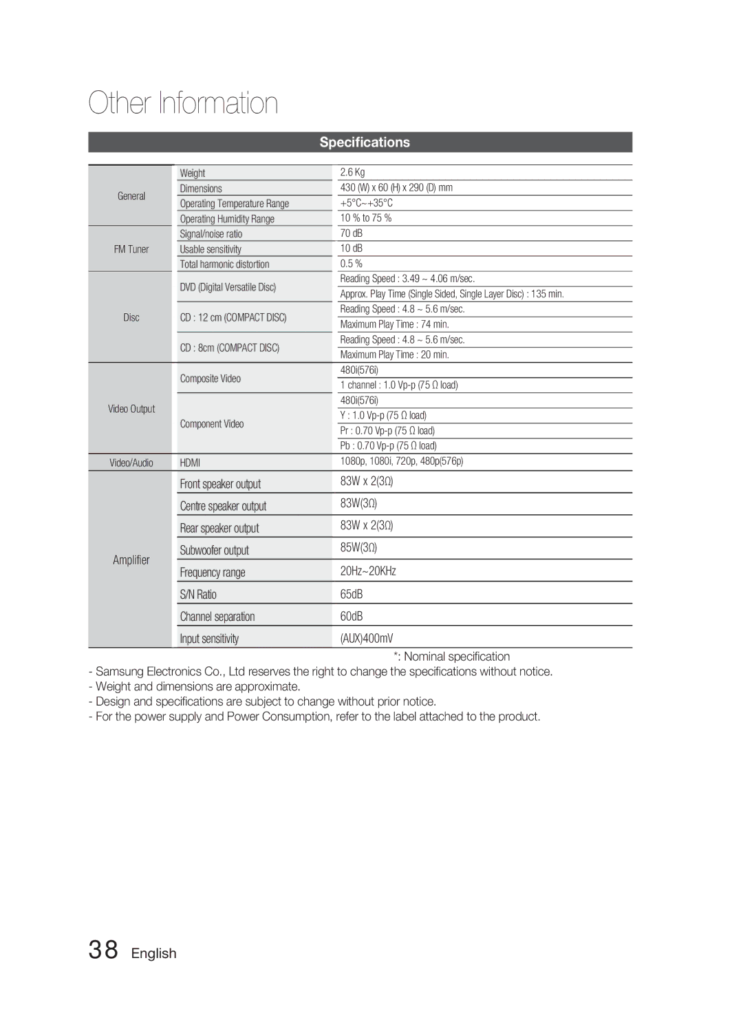 Samsung HT-C453N/XER, HT-C455N/XER manual Speciﬁcations 