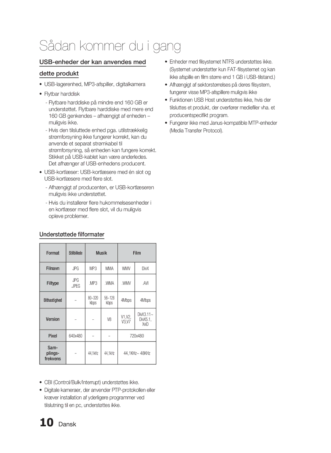 Samsung HT-C453/XEE, HT-C450/XEE manual USB-enheder der kan anvendes med Dette produkt, Understøttede ﬁlformater 