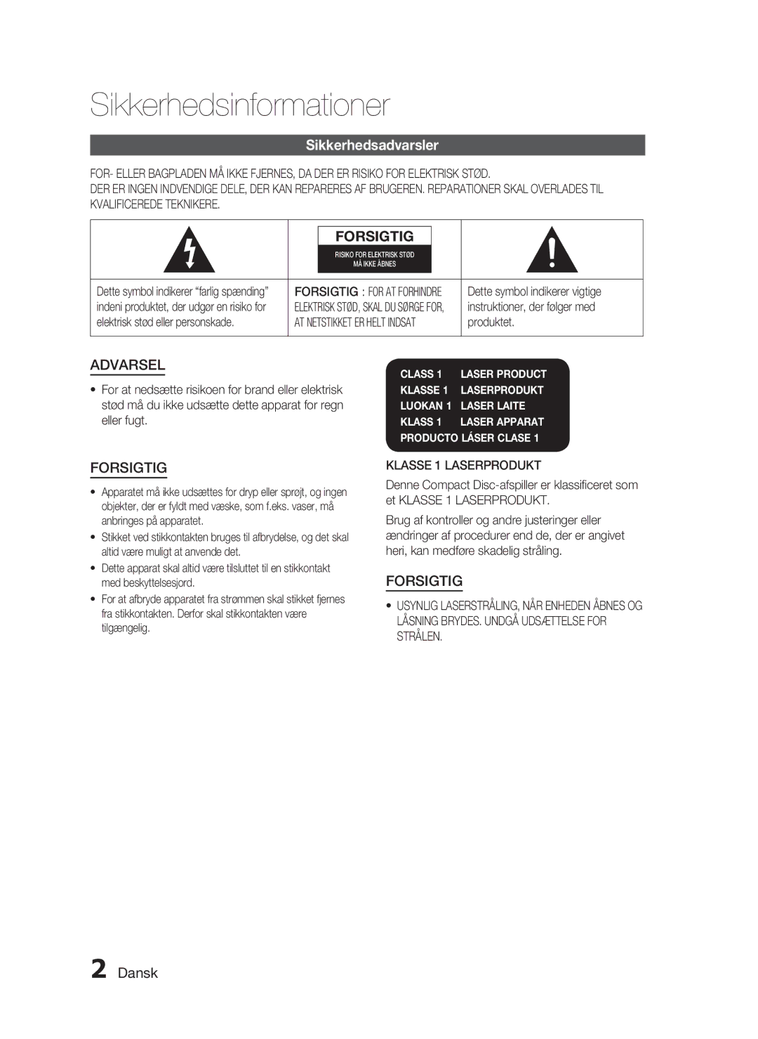 Samsung HT-C453/XEE, HT-C450/XEE manual Sikkerhedsinformationer, Sikkerhedsadvarsler, Dansk, Klasse 1 Laserprodukt 