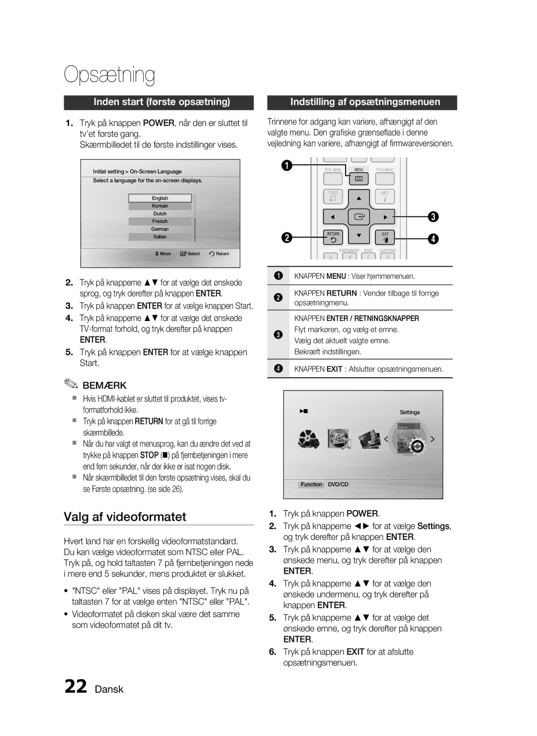 Samsung HT-C453/XEE, HT-C450/XEE manual Opsætning, Valg af videoformatet, Inden start første opsætning, Enter 