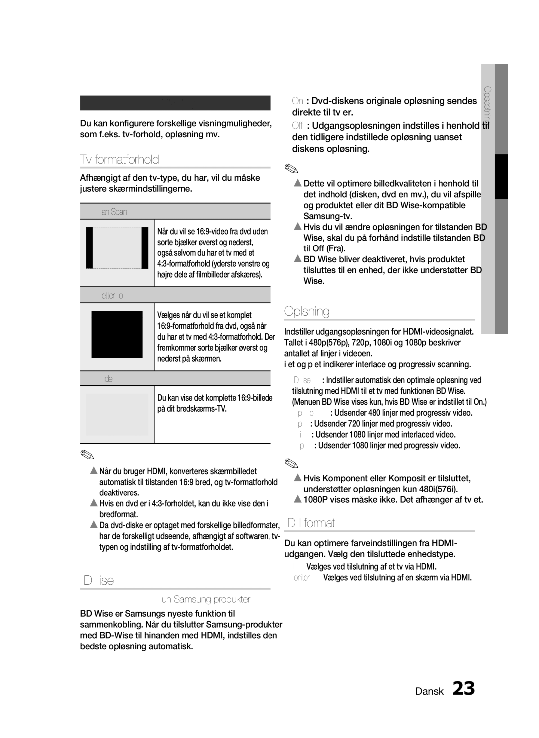 Samsung HT-C450/XEE, HT-C453/XEE manual Tv-formatforhold, BD Wise, Opløsning, HDMI-format, Visning 