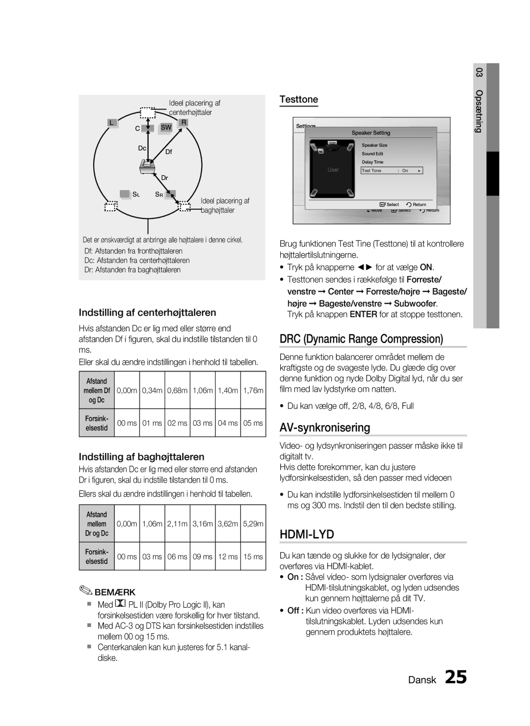 Samsung HT-C450/XEE manual DRC Dynamic Range Compression, AV-synkronisering, Indstilling af centerhøjttaleren, Testtone 