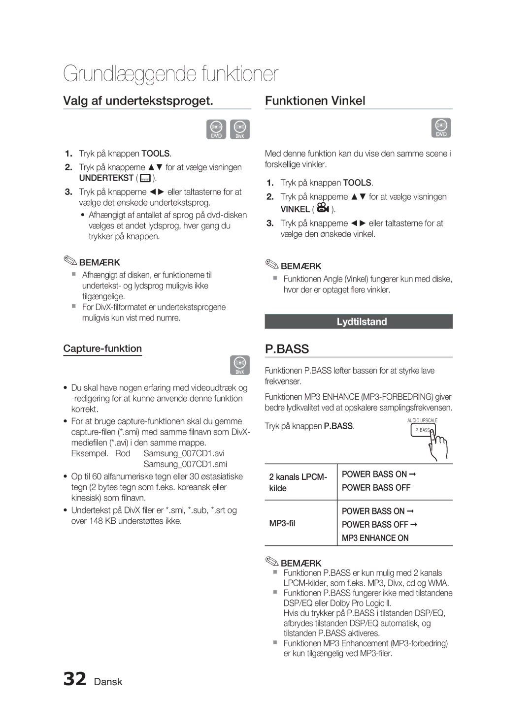 Samsung HT-C453/XEE, HT-C450/XEE manual Valg af undertekstsproget, Funktionen Vinkel, Capture-funktion, Lydtilstand 