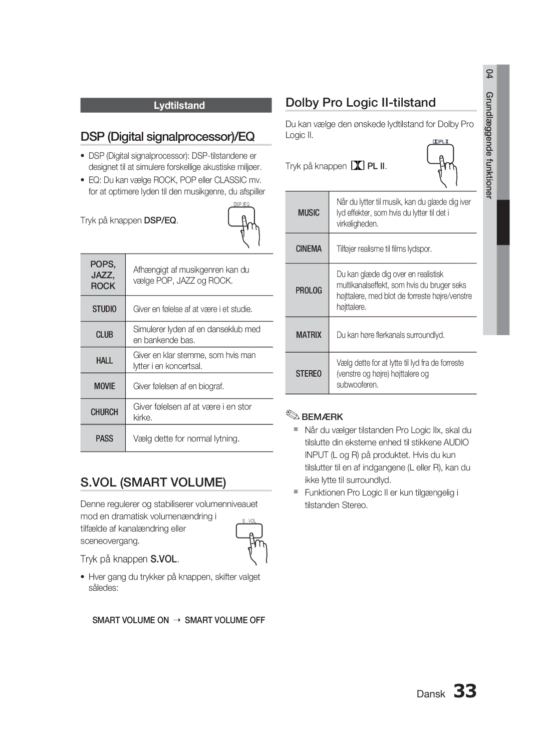 Samsung HT-C450/XEE, HT-C453/XEE manual DSP Digital signalprocessor/EQ, Dolby Pro Logic II-tilstand, Tryk på knappen S.VOL 