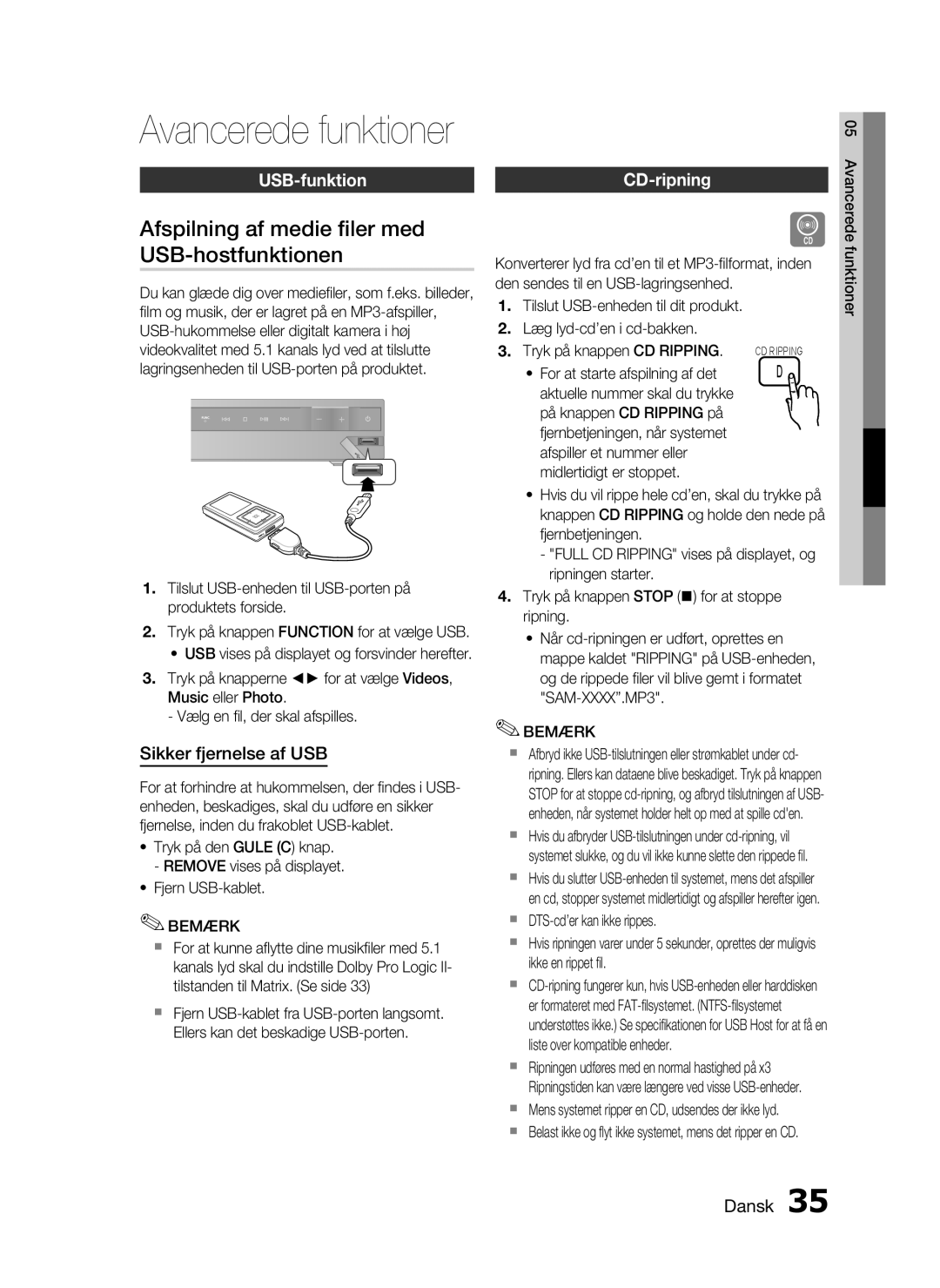 Samsung HT-C450/XEE Afspilning af medie ﬁler med USB-hostfunktionen, USB-funktion, Sikker fjernelse af USB, CD-ripning 