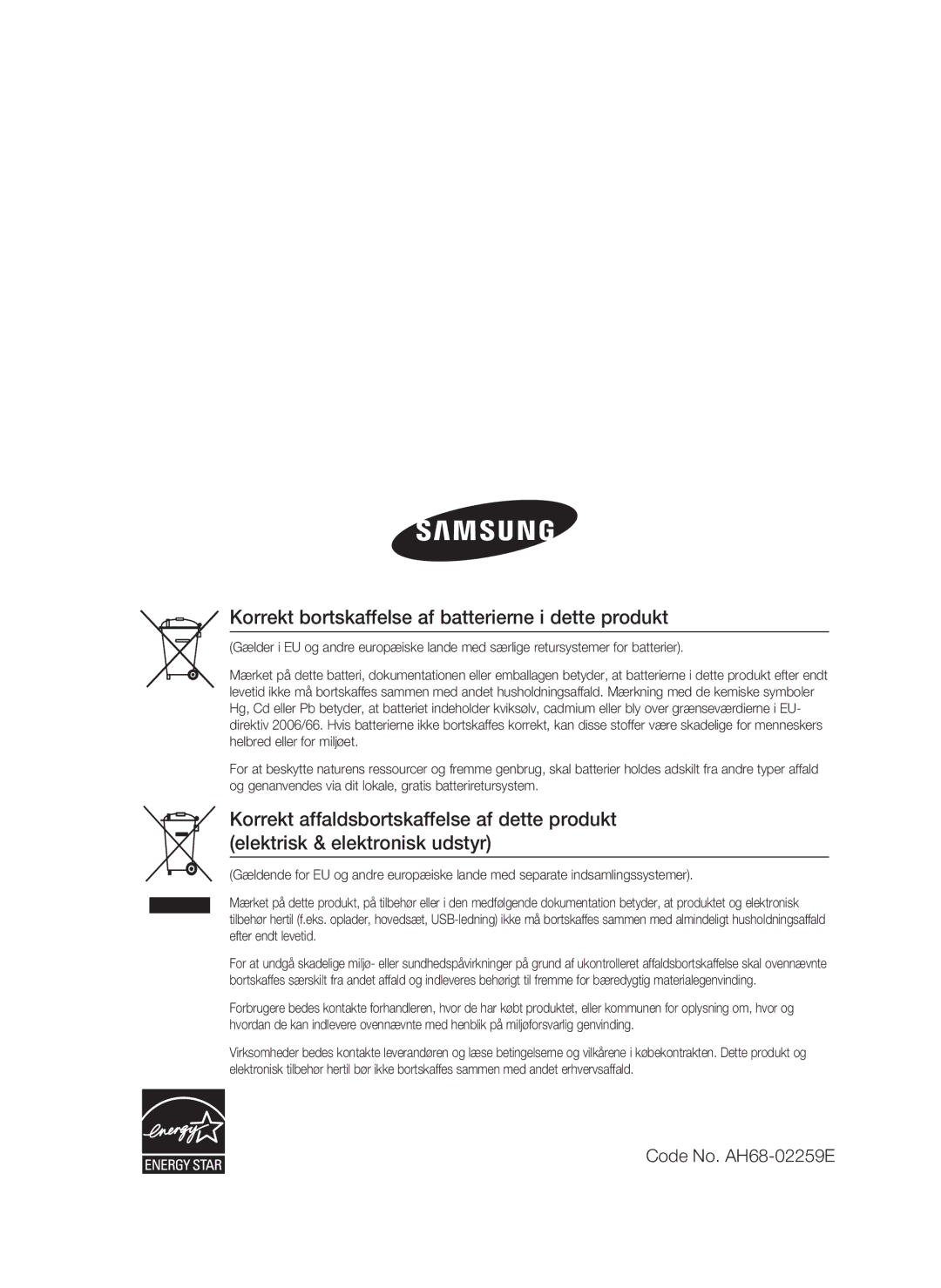 Samsung HT-C450/XEE, HT-C453/XEE manual Korrekt bortskaffelse af batterierne i dette produkt 