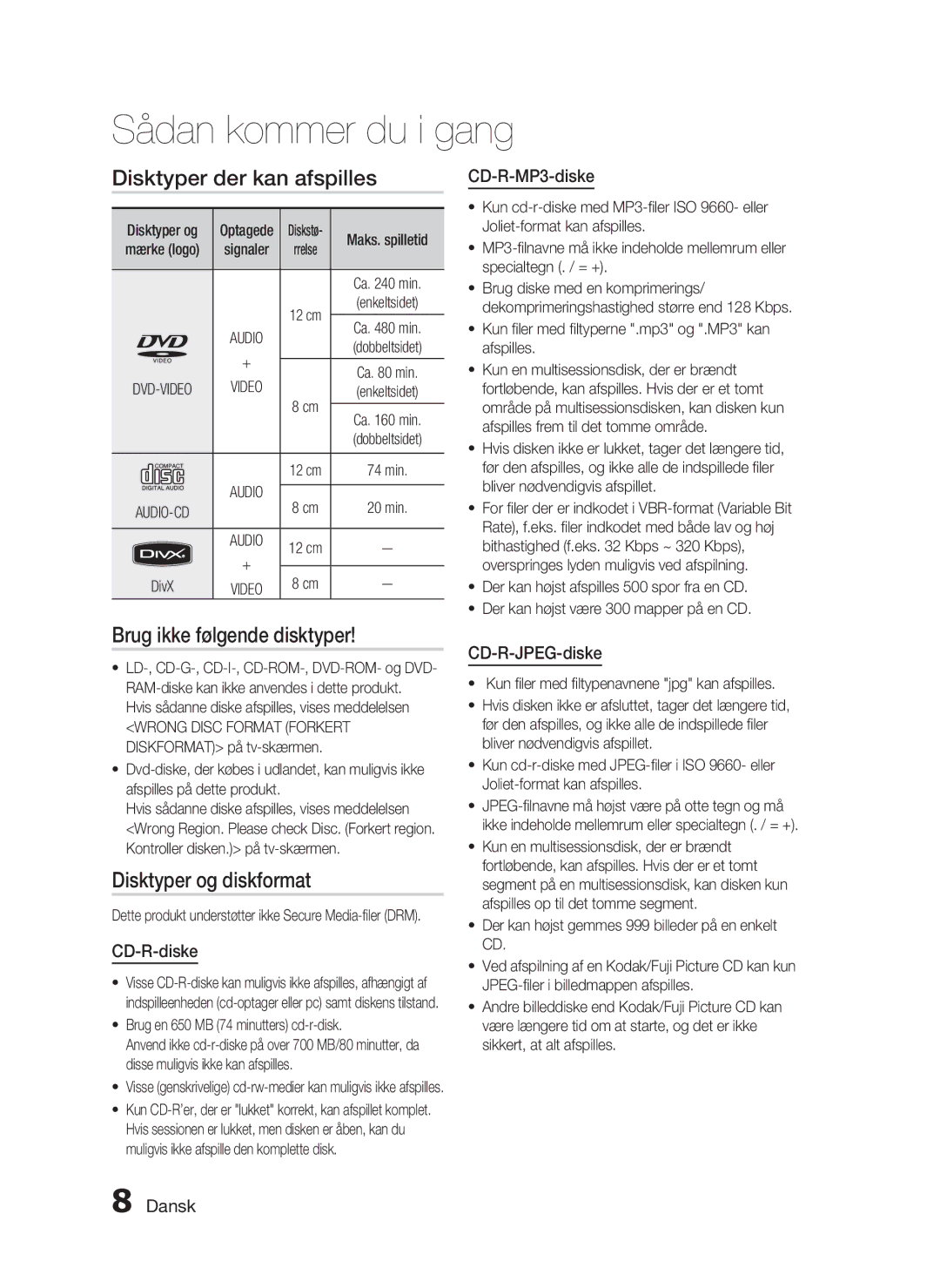 Samsung HT-C453/XEE, HT-C450/XEE manual Disktyper der kan afspilles, Brug ikke følgende disktyper, Disktyper og diskformat 