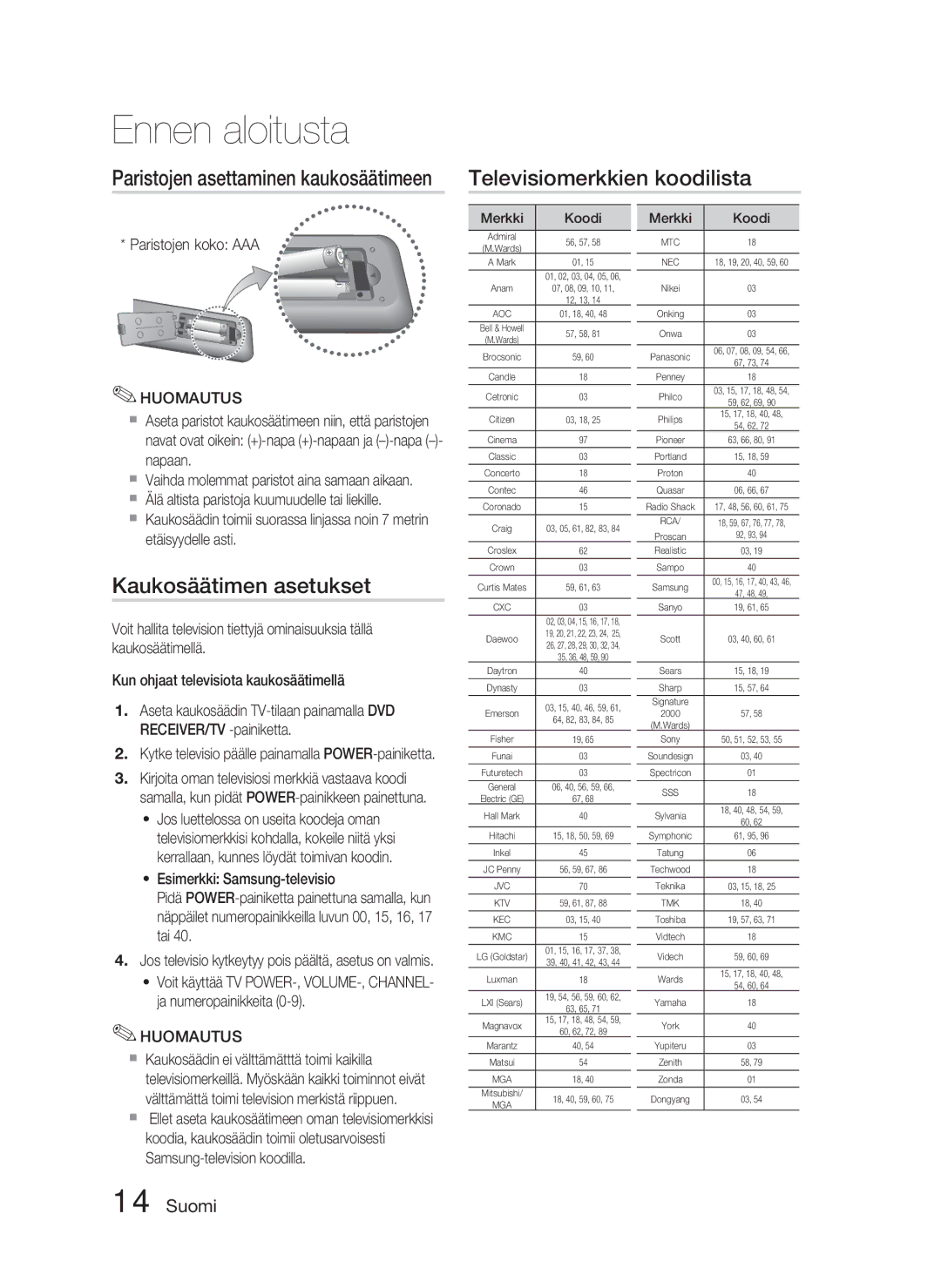 Samsung HT-C453/XEE manual Televisiomerkkien koodilista, Kaukosäätimen asetukset, Paristojen asettaminen kaukosäätimeen 