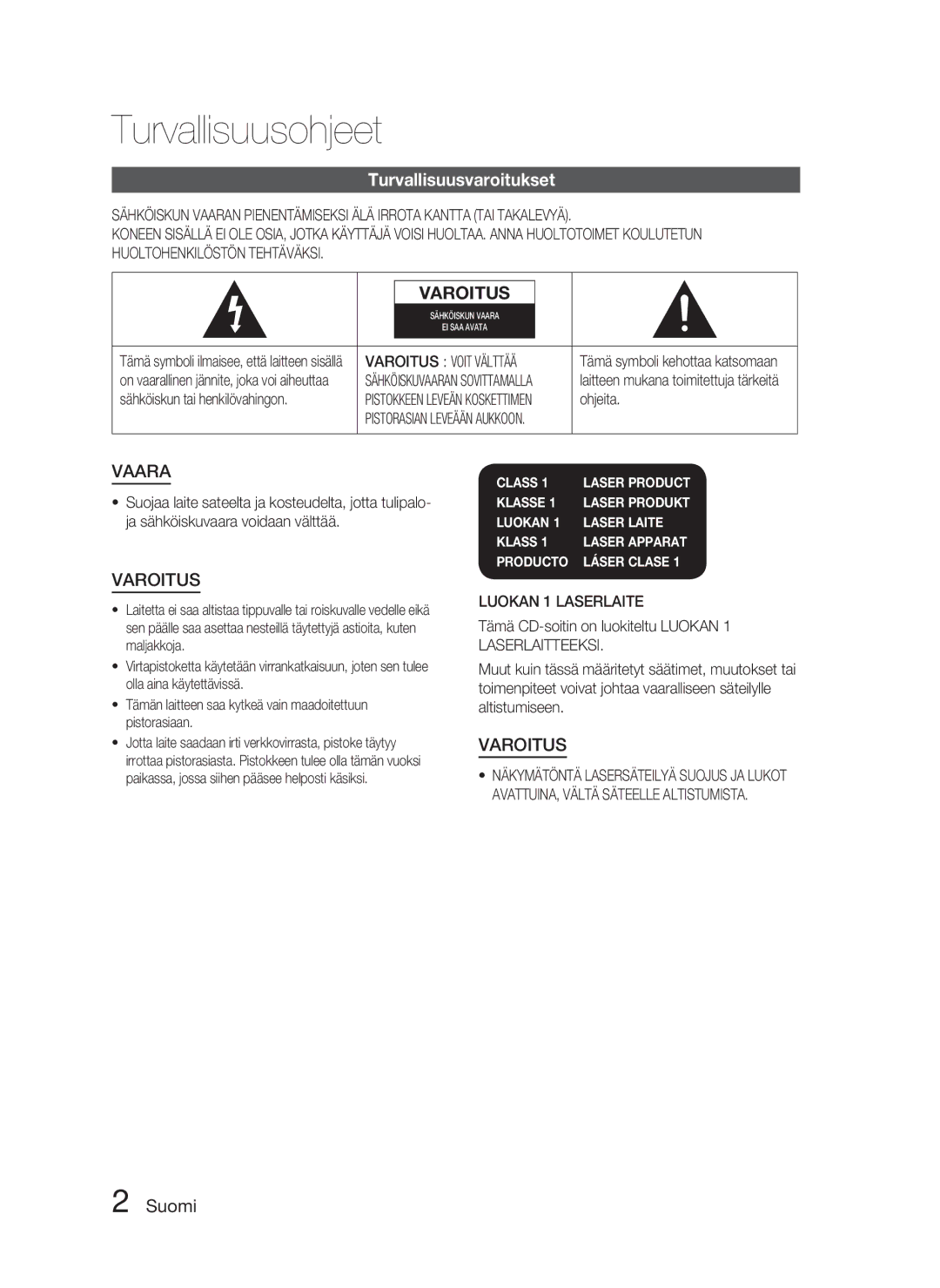 Samsung HT-C453/XEE manual Turvallisuusohjeet, Turvallisuusvaroitukset, Suomi, Varoitus Voit Välttää, Luokan 1 Laserlaite 