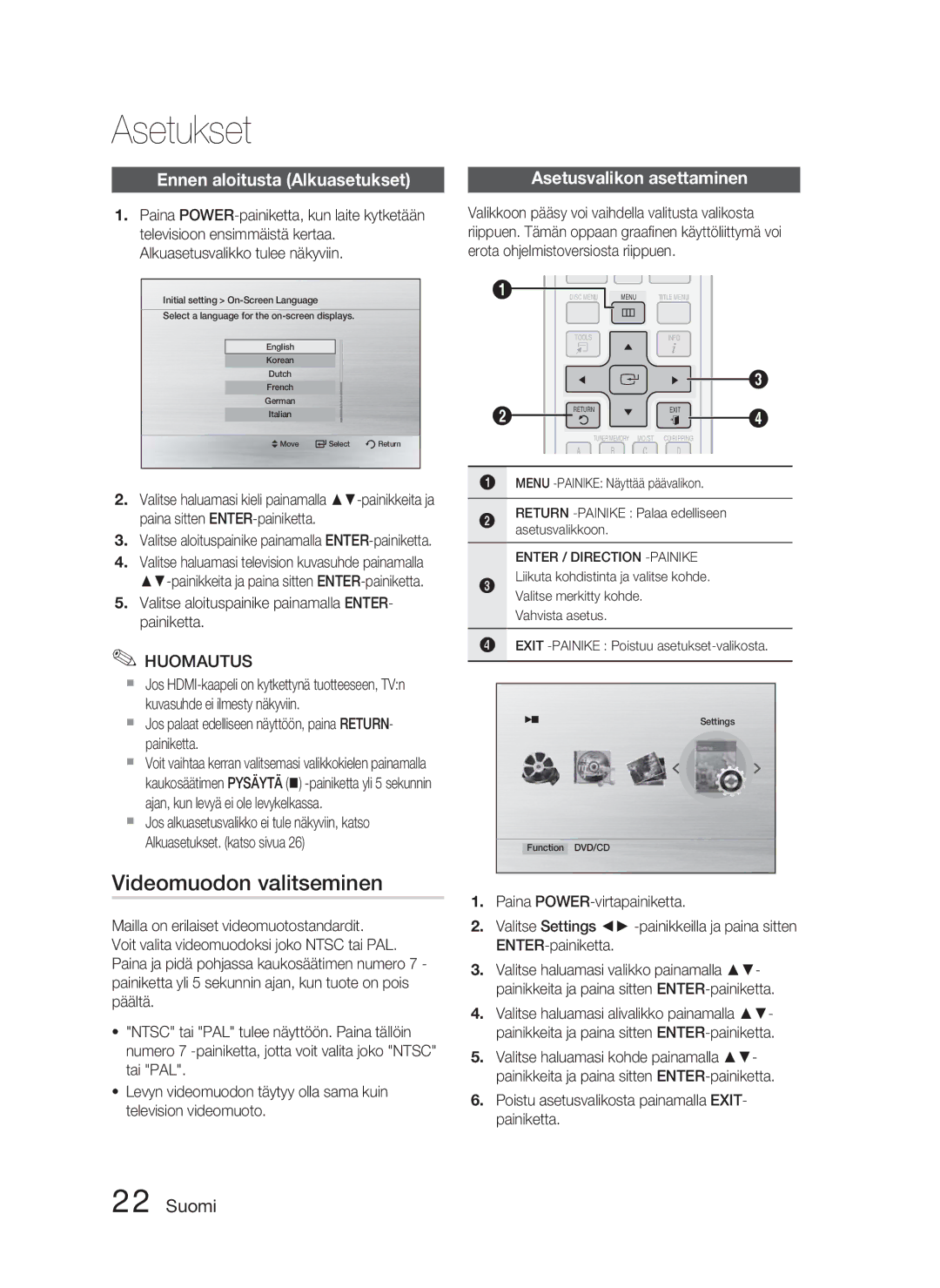 Samsung HT-C453/XEE manual Asetukset, Videomuodon valitseminen, Ennen aloitusta Alkuasetukset, Asetusvalikon asettaminen 