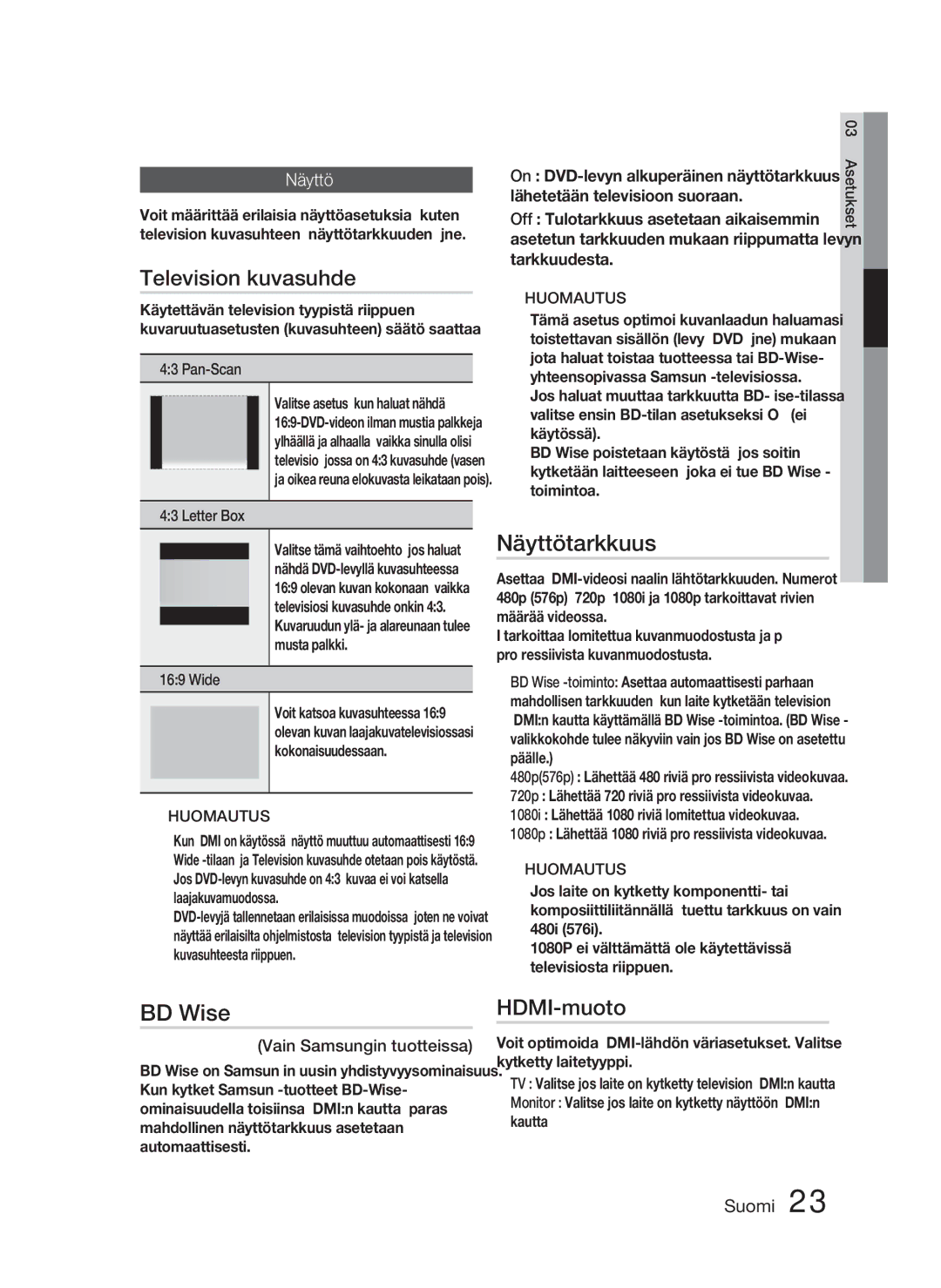 Samsung HT-C450/XEE, HT-C453/XEE manual Television kuvasuhde, Näyttötarkkuus, BD Wise, HDMI-muoto 